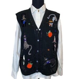 Vintage KAREN SCOTT Halloween WITCH BLACK & GRAY CAT Sweater Vest Sz X-Large